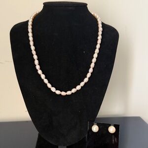 Real Pearl String Necklace with Pearl Studs - Pale Pink